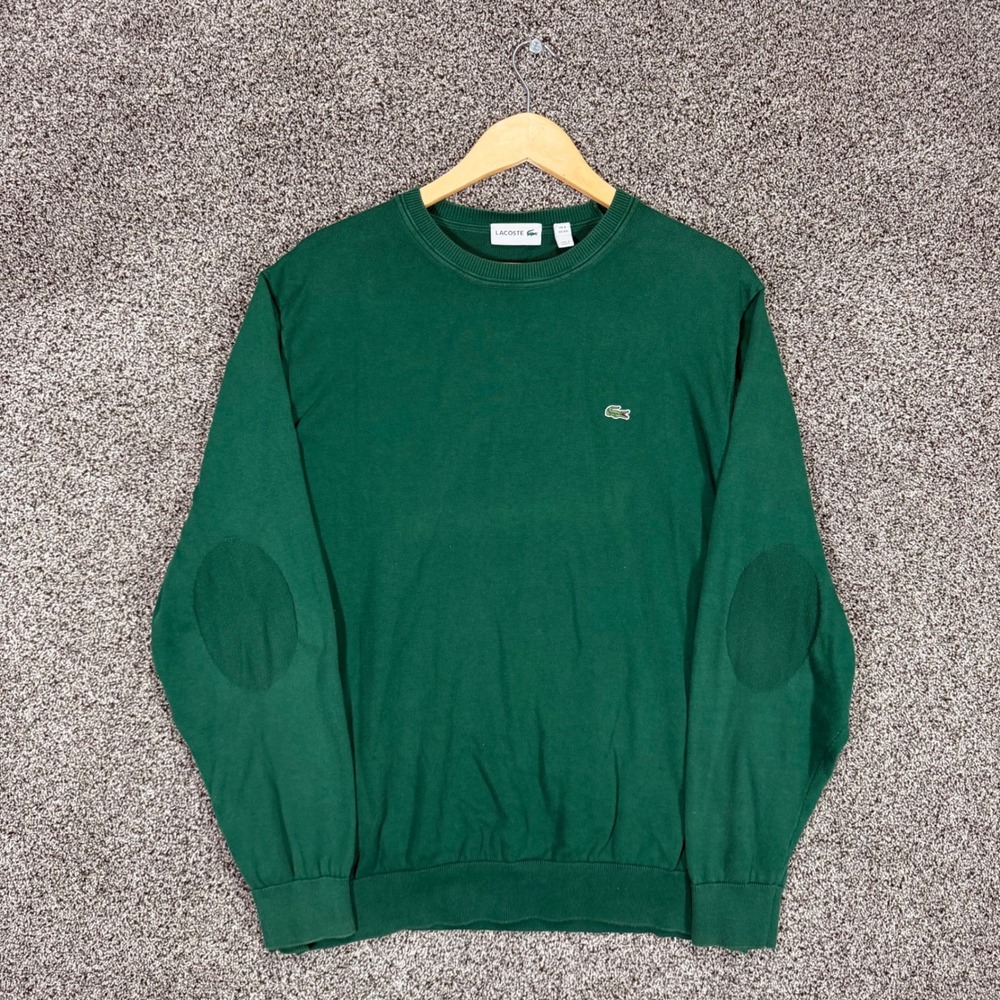 Lacoste Sweater Mens 3XL Green Cotton Jersey Crewneck Elbow Patch Croc - FLAW